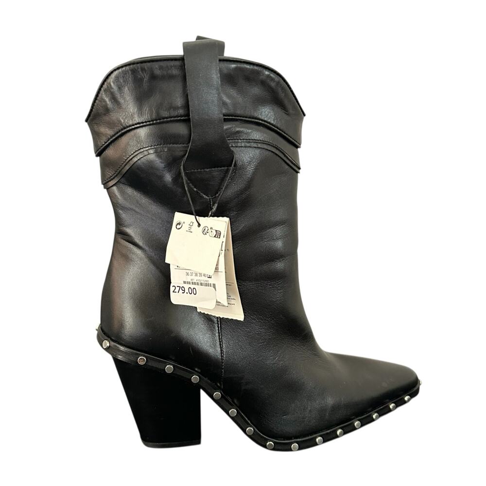 Zara Women Black Leather Studded Block Heel Cowboy Boots Size 10-NWT MSRP $279